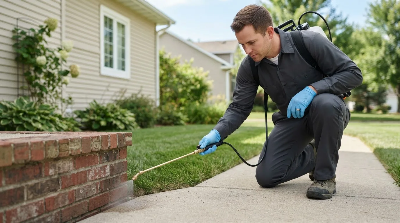 Pest control technician treating a home near Brockport, NY