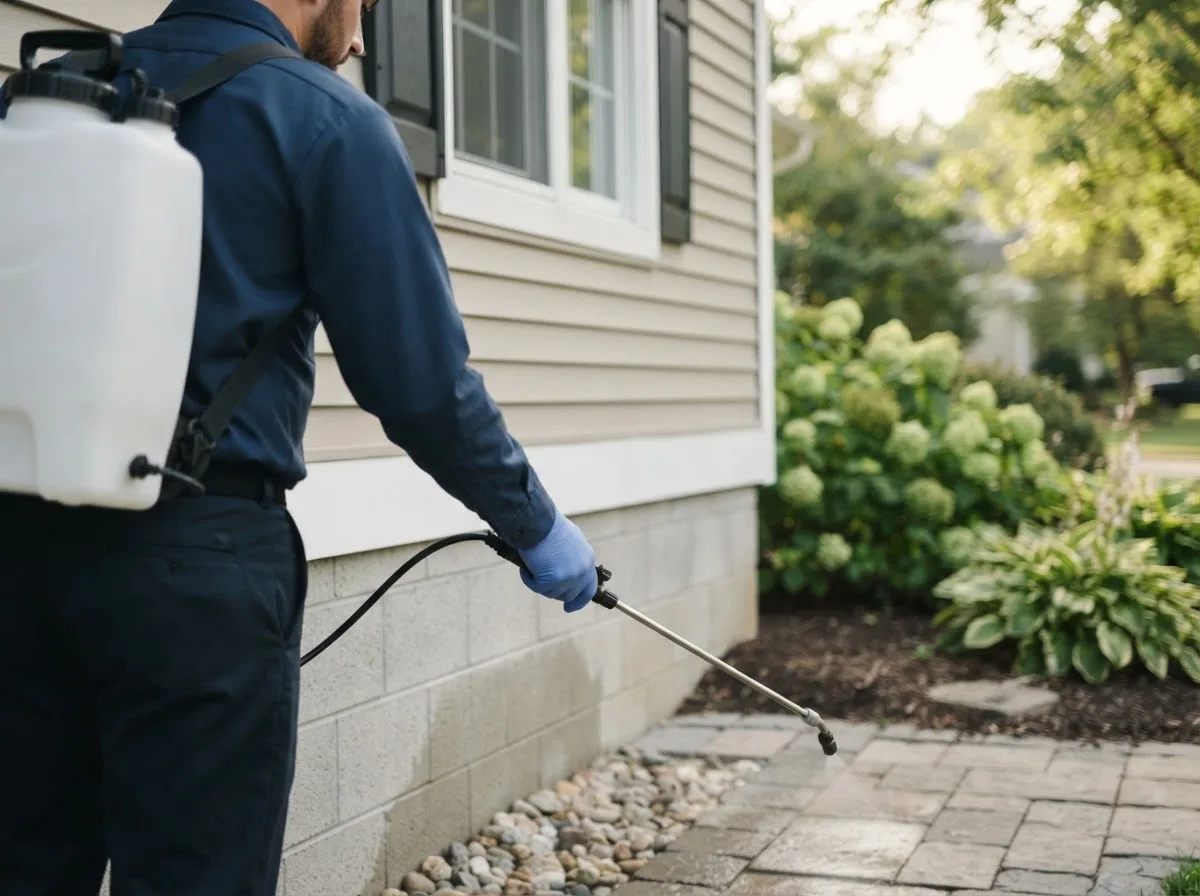 Pest control technician inspecting a home in Brockport, NY